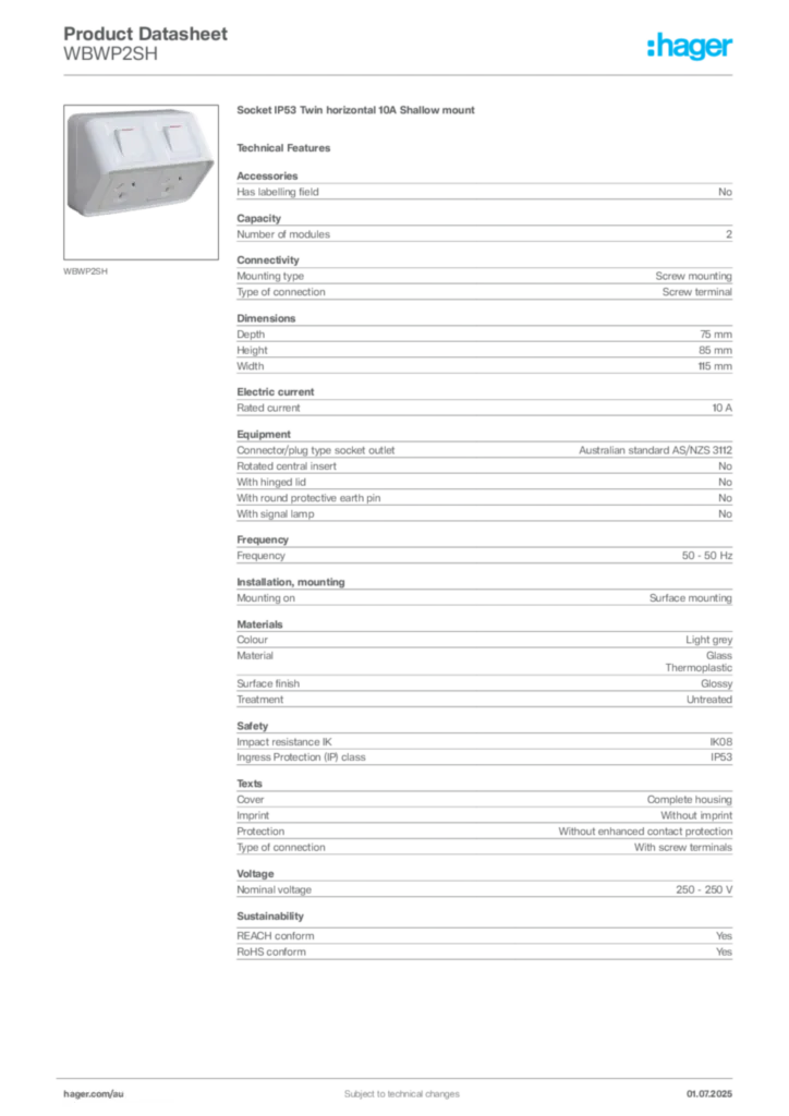 Image Hager Product data sheet WBWP2SH  | Hager Australia