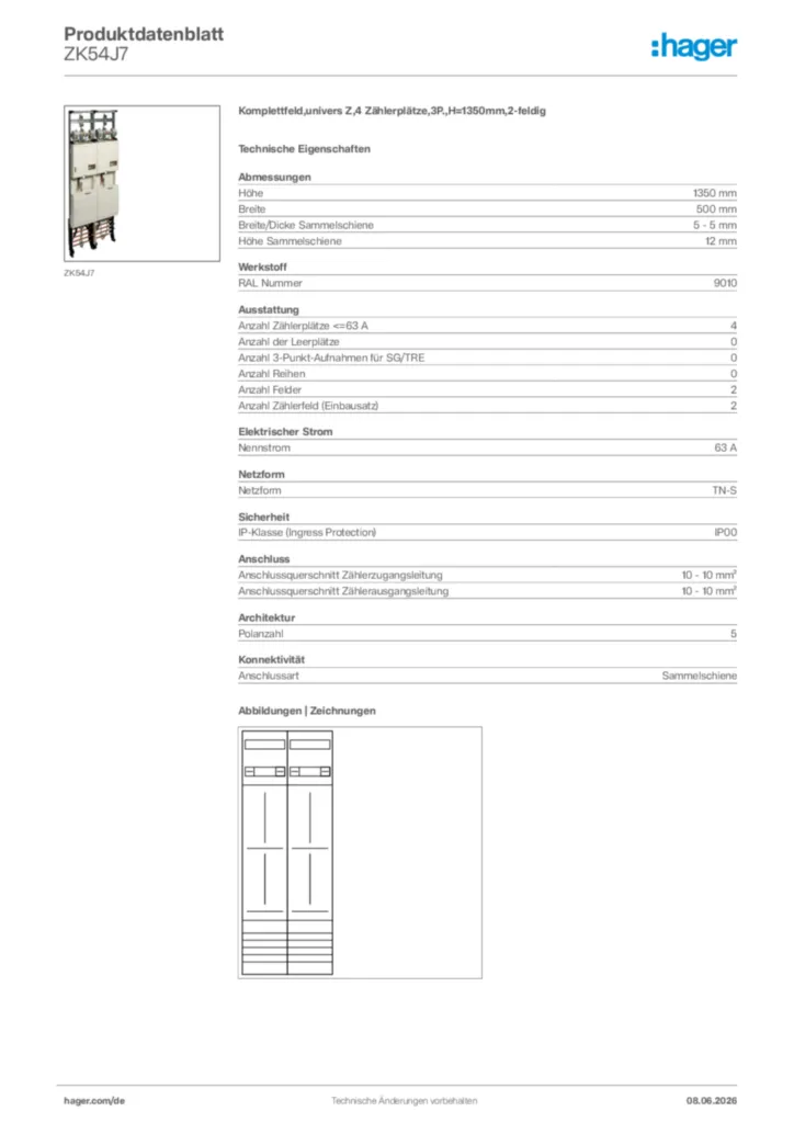 Bild Hager Produktdatenblatt ZK54J7 | Hager Deutschland