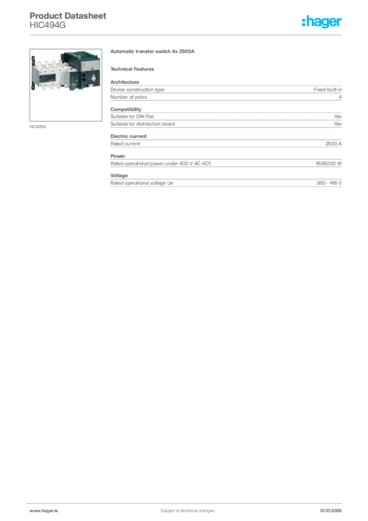 Image Hager Product data sheet HIC494G  | Hager