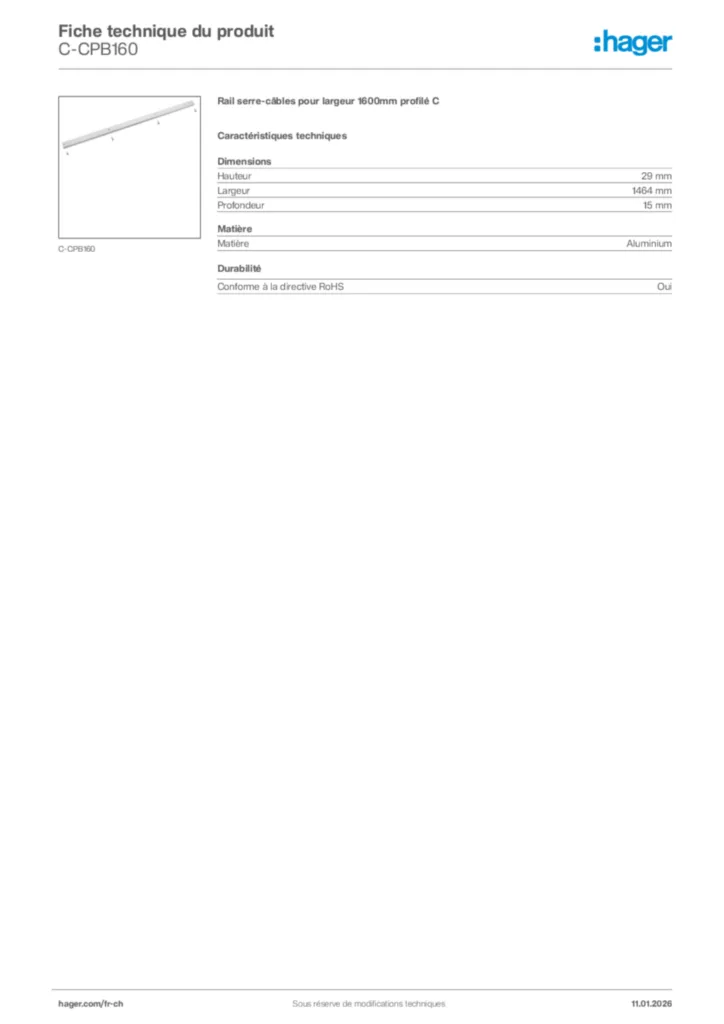 Image Hager Fiche technique du produit C-CPB160 | Hager Suisse