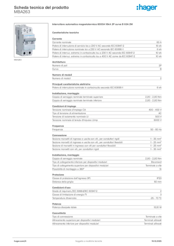 Immagine Hager Scheda tecnica del prodotto MBA263 | Hager Italia