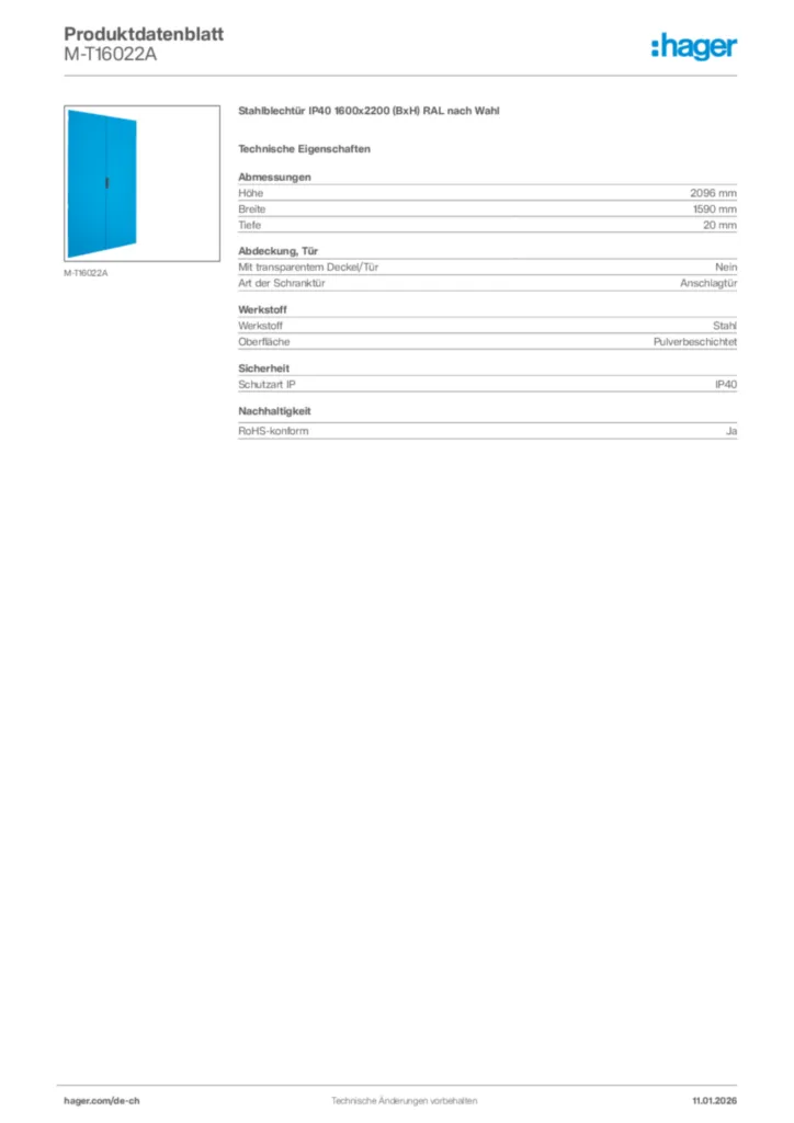 Bild Hager Produktdatenblatt M-T16022A | Hager Schweiz