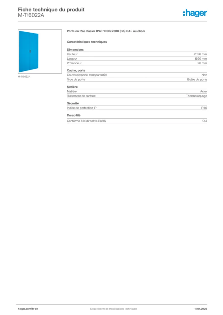 Image Hager Fiche technique du produit M-T16022A | Hager Suisse