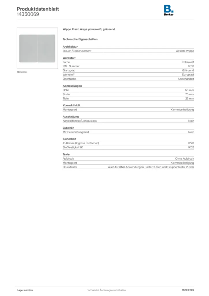 Bild Berker Produktdatenblatt 14350069 | Hager Deutschland