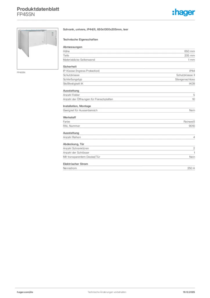 Bild Hager Produktdatenblatt FP45SN | Hager Deutschland