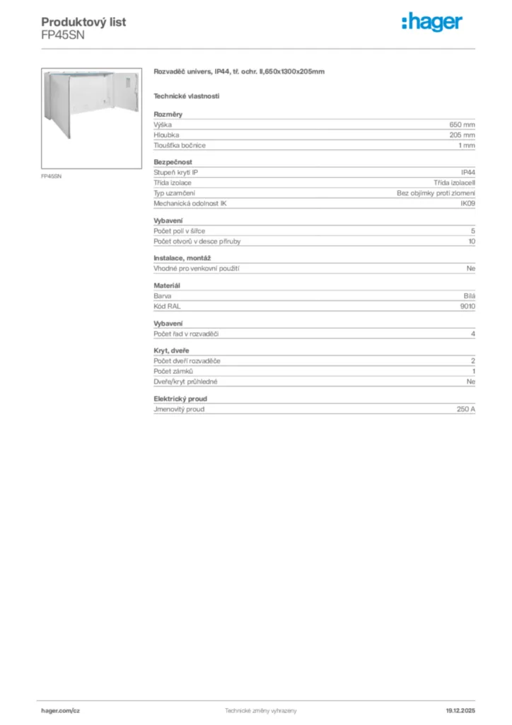 Obrázek Hager Produktový list FP45SN | Hager