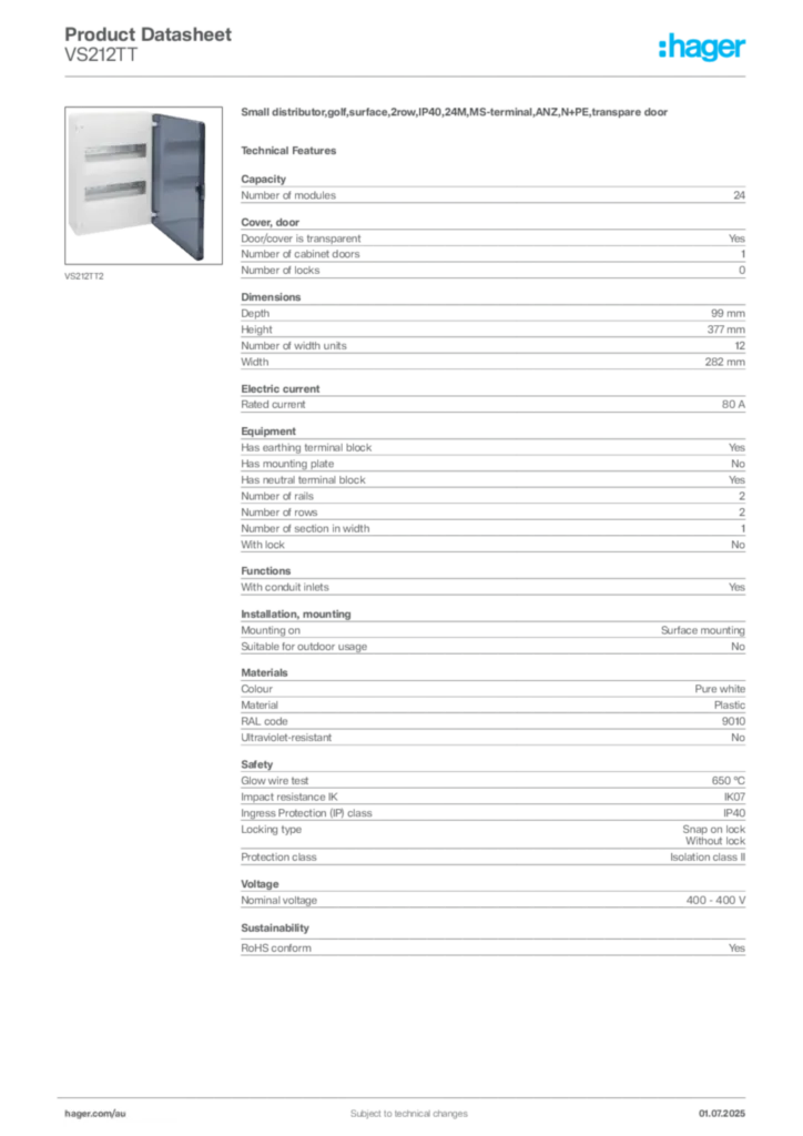 Image Hager Product data sheet VS212TT  | Hager Australia