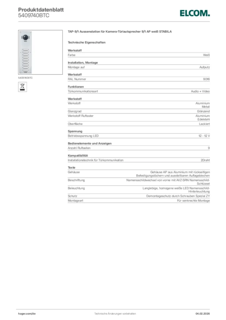 Bild Elcom Produktdatenblatt 5409740BTC | Hager Deutschland