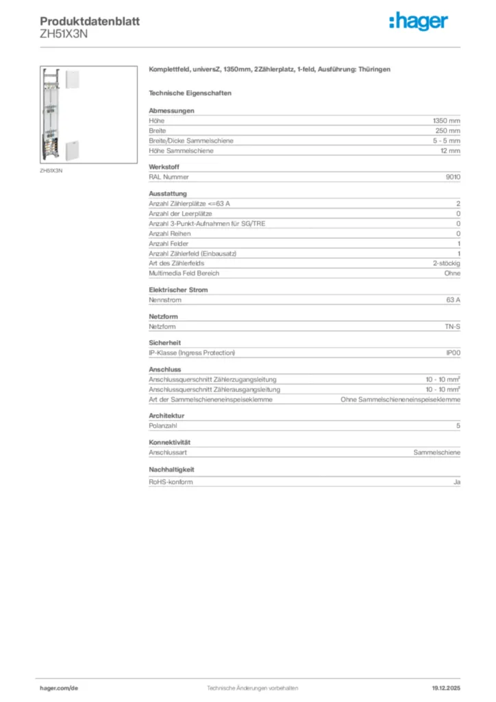 Bild Hager Produktdatenblatt ZH51X3N | Hager Deutschland