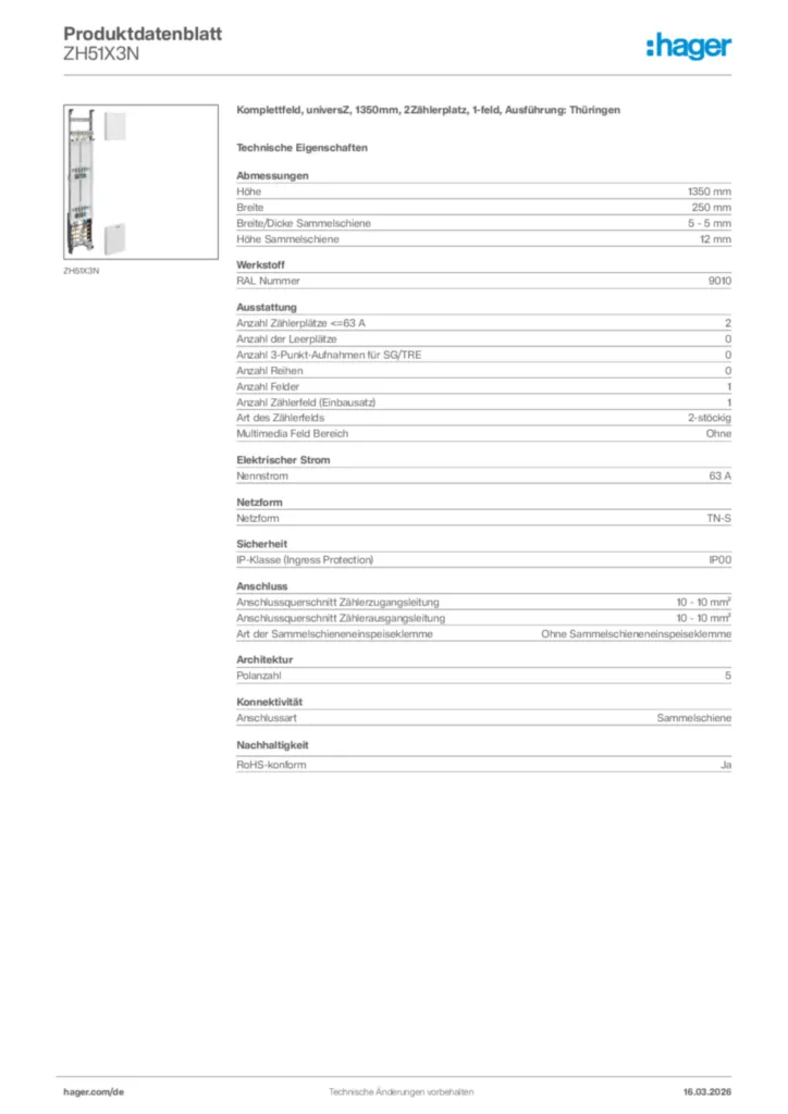 Bild Hager Produktdatenblatt ZH51X3N | Hager Deutschland