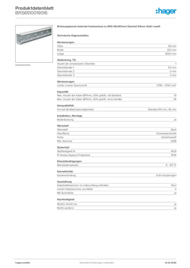 Bild Hager Produktdatenblatt BRS6510019016 | Hager Deutschland