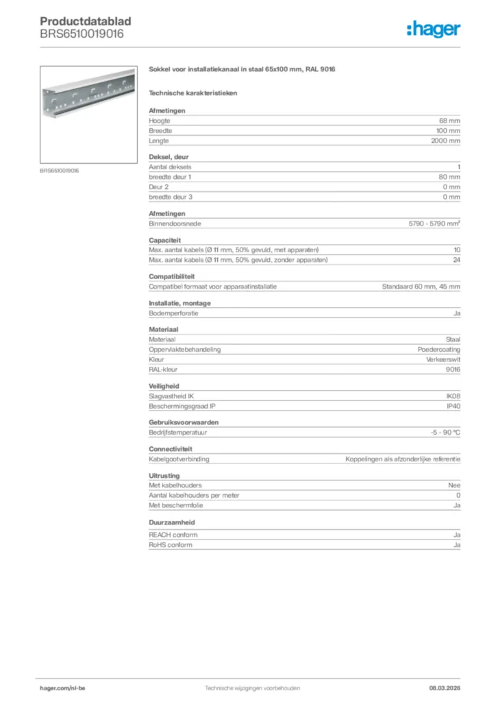 Afbeelding Hager Productdatablad BRS6510019016 | Hager Belgium