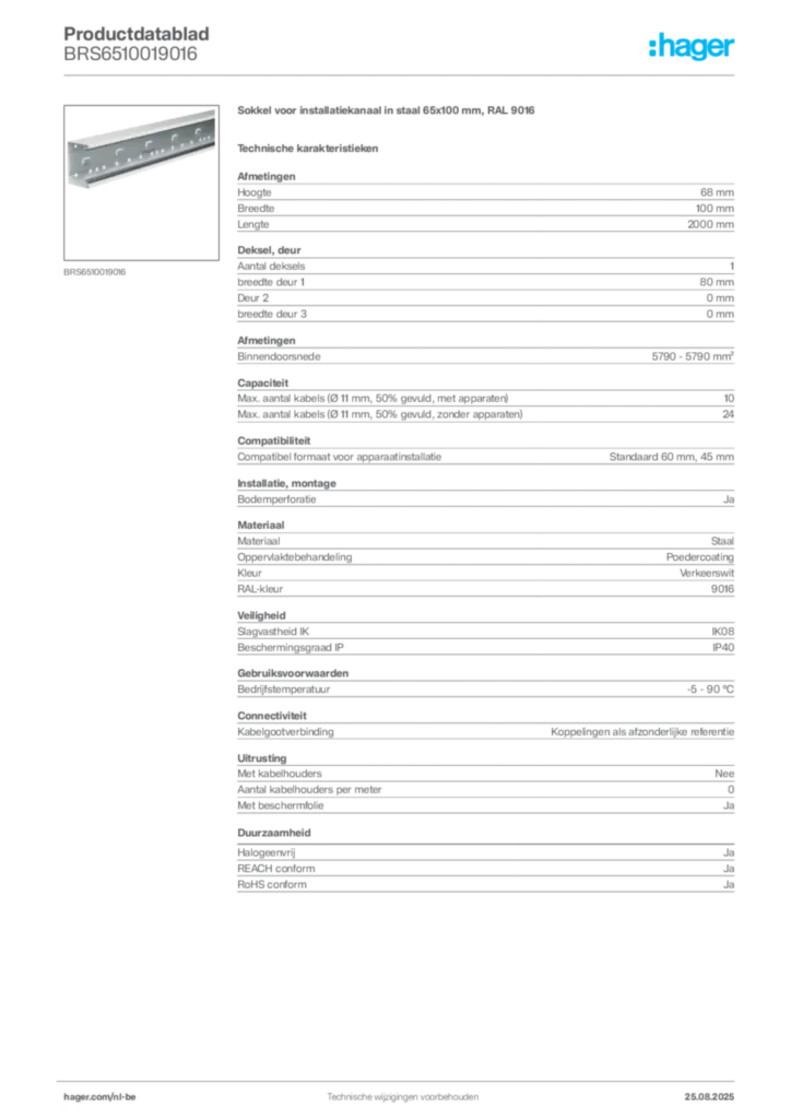 Afbeelding Hager Productdatablad BRS6510019016 | Hager Belgium
