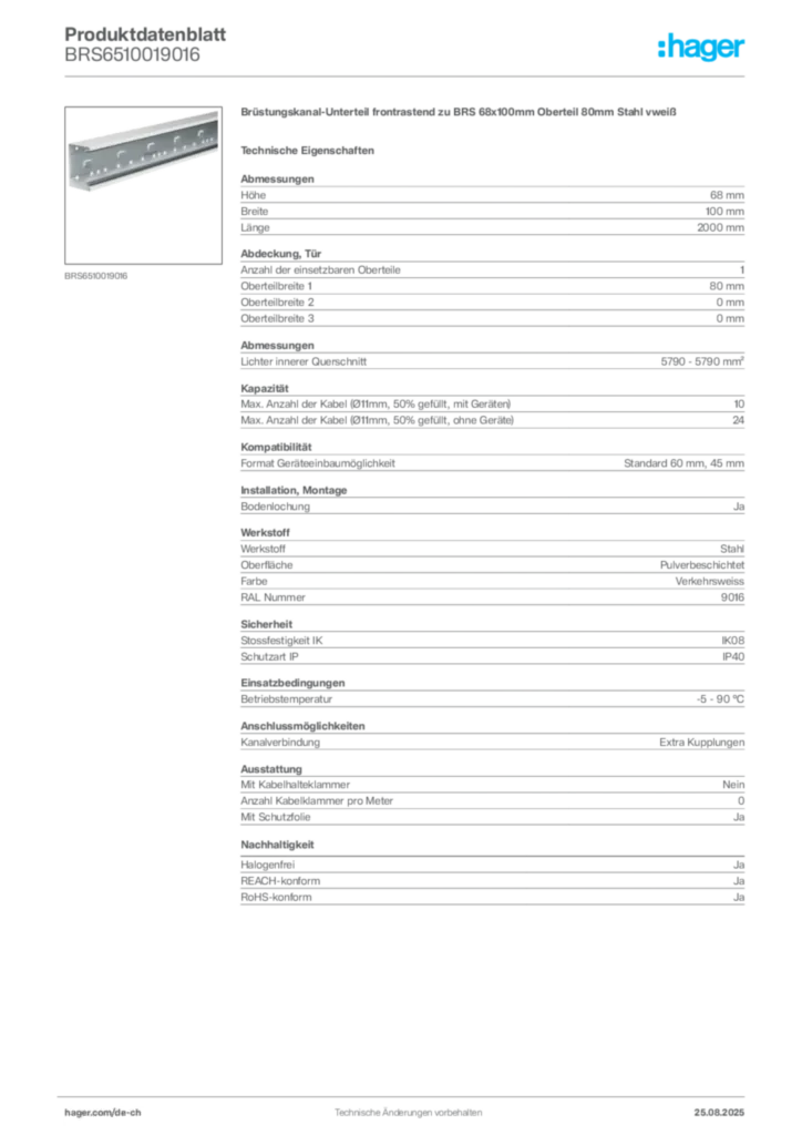 Bild Hager Produktdatenblatt BRS6510019016 | Hager Schweiz