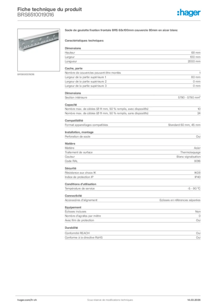 Image Hager Fiche technique du produit BRS6510019016 | Hager Suisse