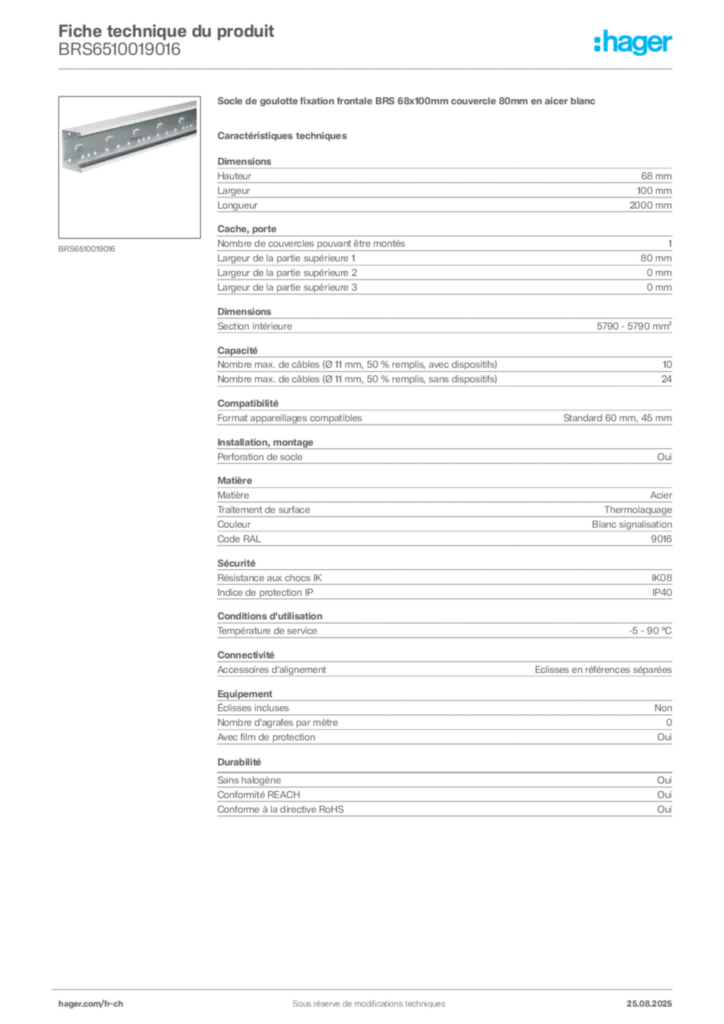 Image Hager Fiche technique du produit BRS6510019016 | Hager Suisse