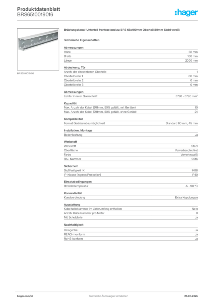 Bild Hager Produktdatenblatt BRS6510019016 | Hager Deutschland