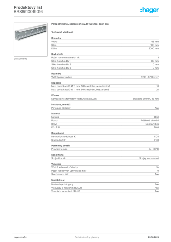 Obrázek Hager Produktový list BRS6510019016 | Hager