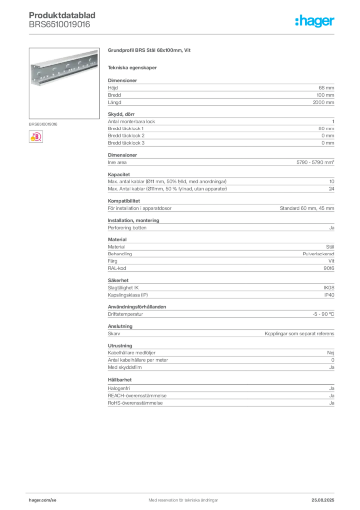 Bild Hager Produktdatablad BRS6510019016 | Hager Sverige