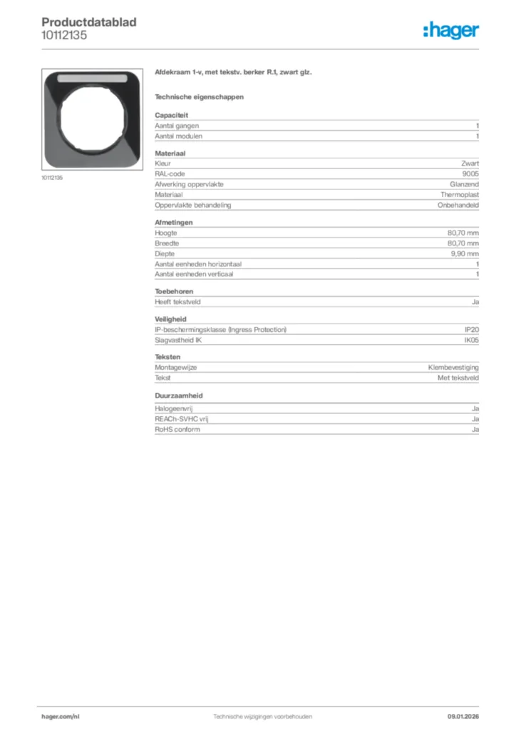 Afbeelding Hager Productdatablad 10112135 | Hager Nederland