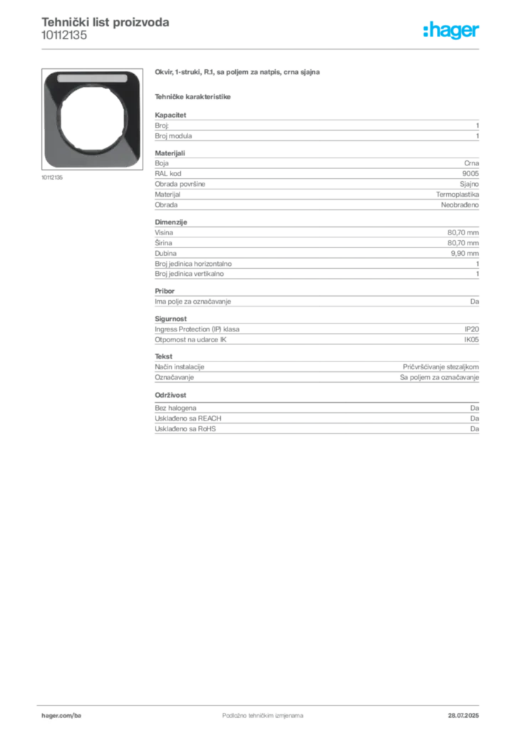Slika Hager Product data sheet 10112135  | Hager