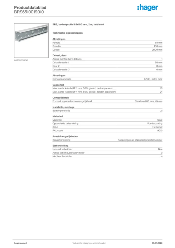 Afbeelding Hager Productdatablad BRS6510019010 | Hager Nederland