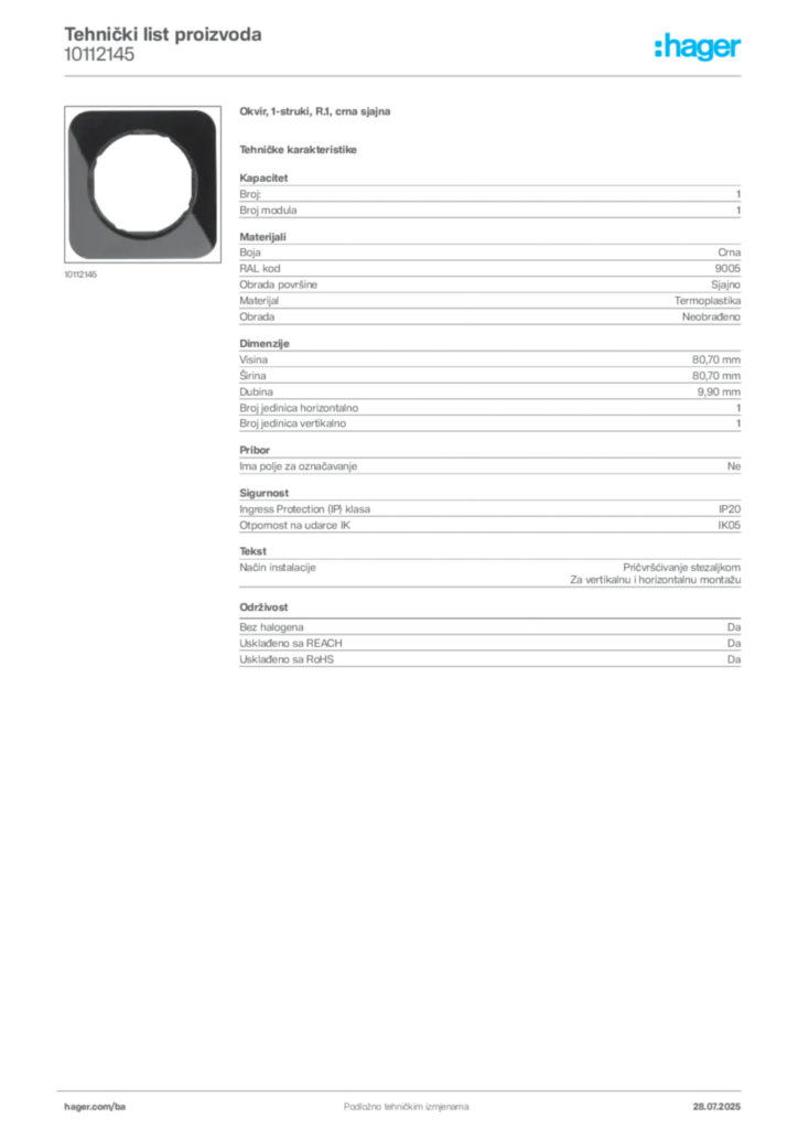 Slika Hager Product data sheet 10112145  | Hager