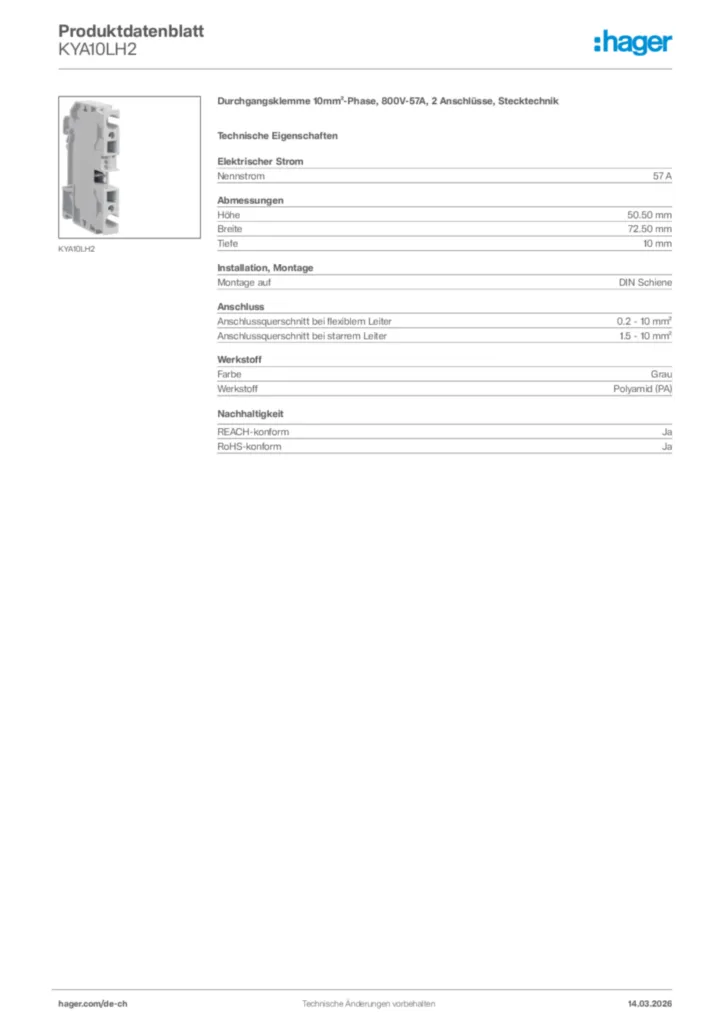 Bild Hager Produktdatenblatt KYA10LH2 | Hager Schweiz