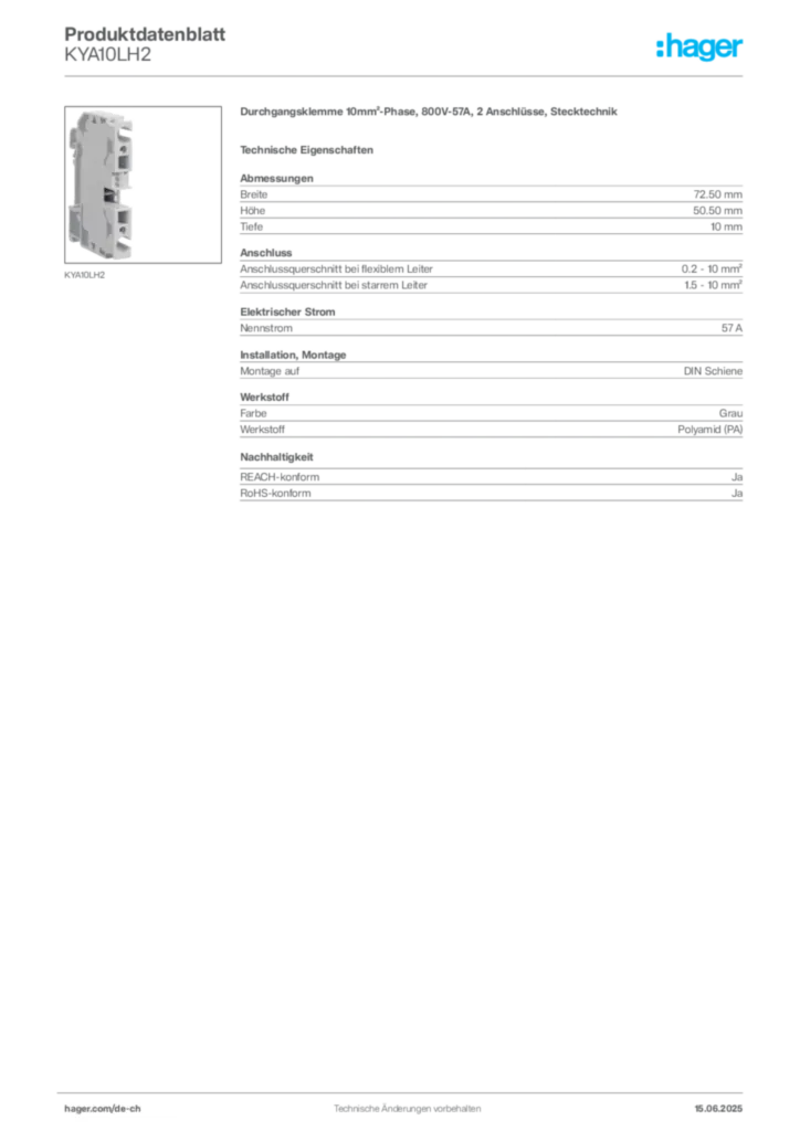 Bild Hager Produktdatenblatt KYA10LH2 | Hager Schweiz