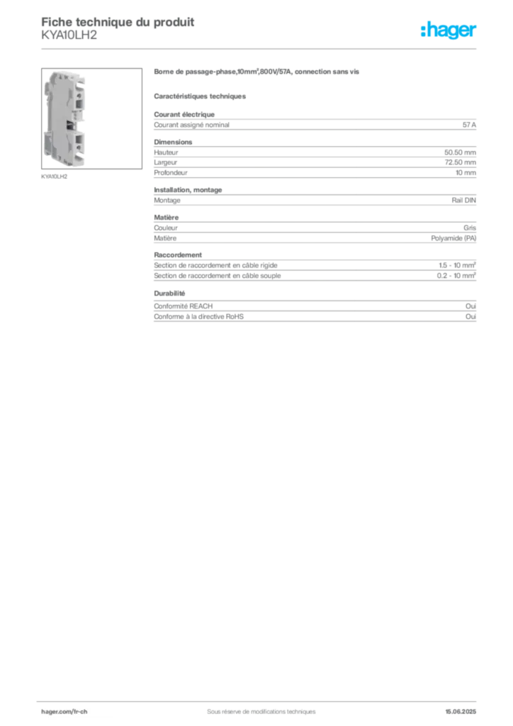 Image Hager Fiche technique du produit KYA10LH2 | Hager Suisse