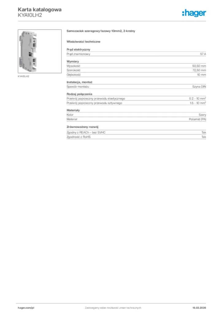 Zdjęcie Hager Karta katalogowa KYA10LH2 | Hager Polska