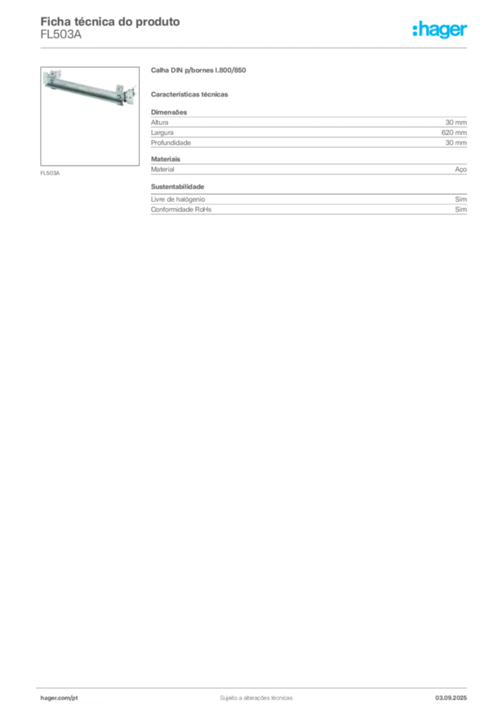 Imagem Hager Ficha técnica do produto FL503A | Hager Portugal