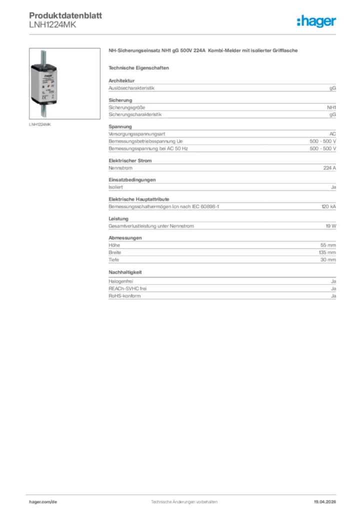 Bild Hager Produktdatenblatt LNH1224MK | Hager Deutschland