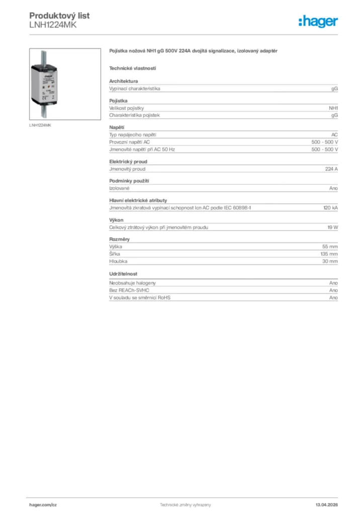 Obrázek Hager Product data sheet LNH1224MK | Hager