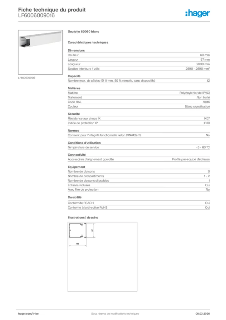 Image Hager Fiche technique du produit LF6006009016 | Hager Belgique