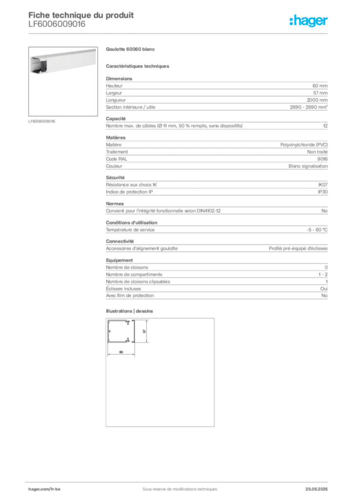 Image Hager Fiche technique du produit LF6006009016 | Hager Belgique