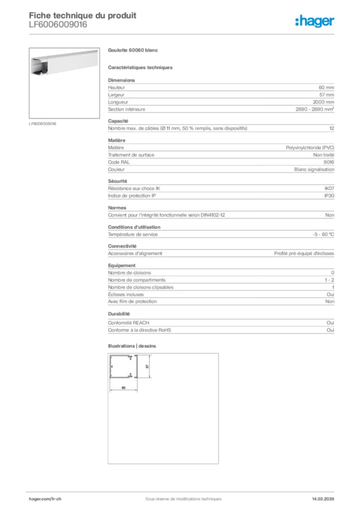 Image Hager Fiche technique du produit LF6006009016 | Hager Suisse