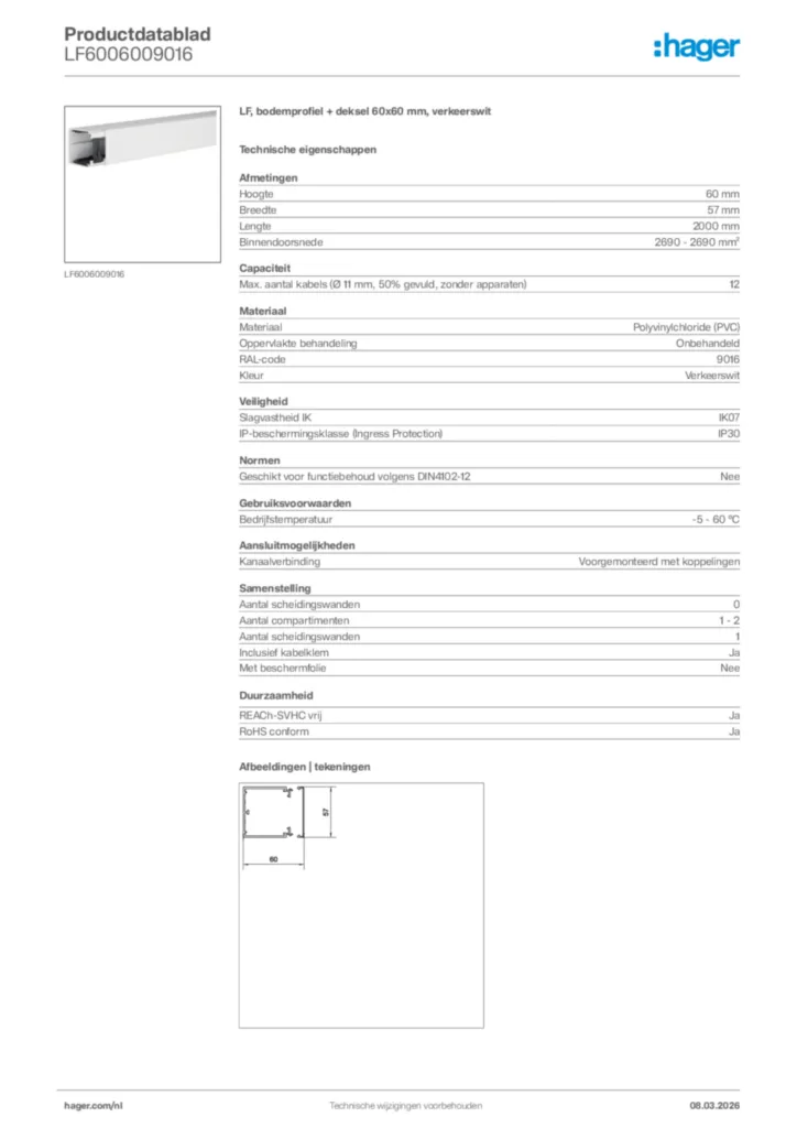 Afbeelding Hager Productdatablad LF6006009016 | Hager Nederland