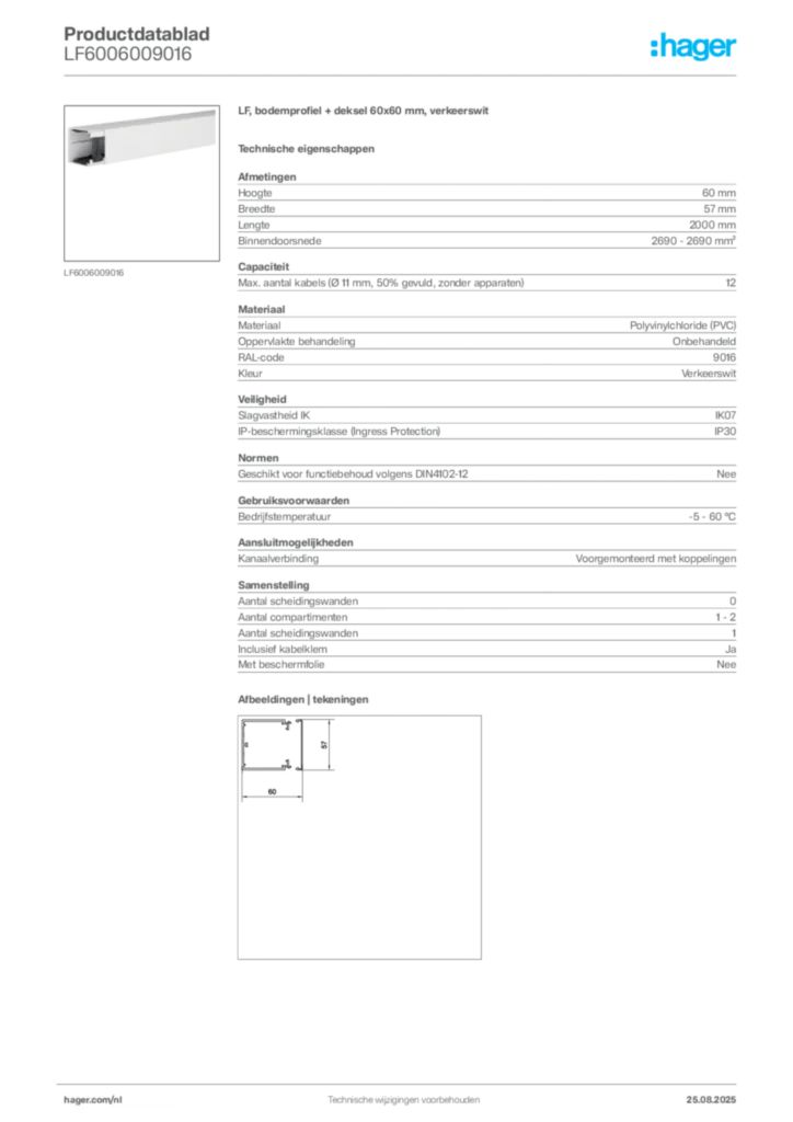 Afbeelding Hager Productdatablad LF6006009016 | Hager Nederland