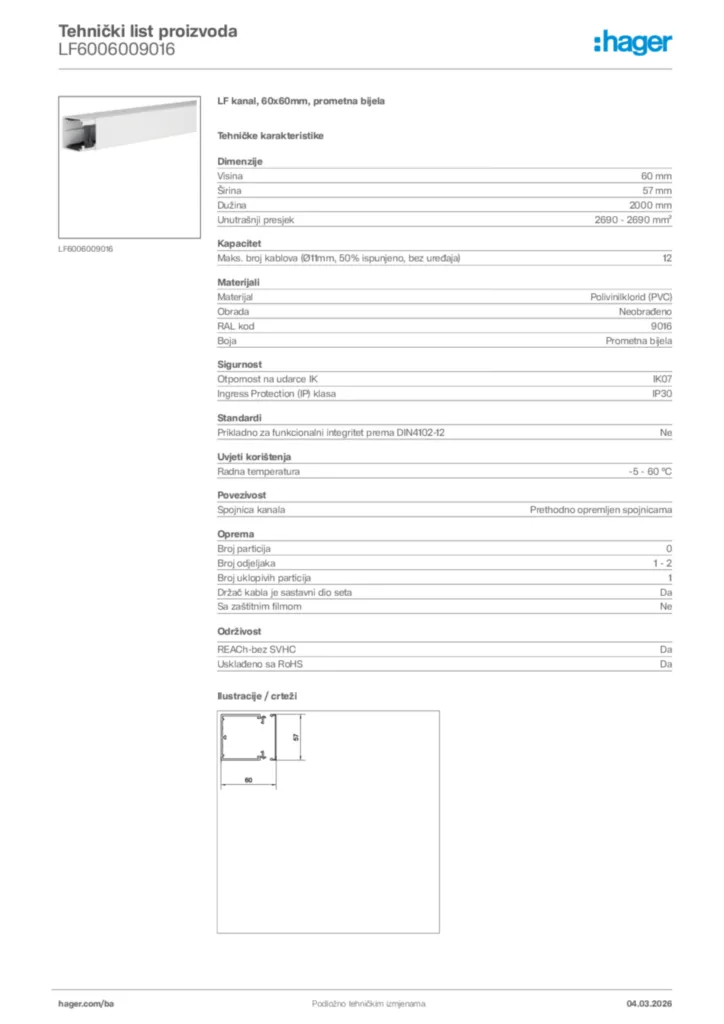 Slika Hager Tehnički list proizvoda LF6006009016  | Hager