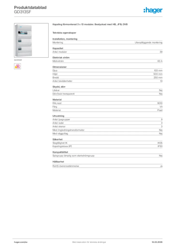 Bild Hager Produktdatablad GD313SF | Hager Sverige