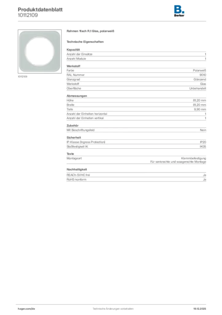 Bild Berker Produktdatenblatt 10112109 | Hager Deutschland