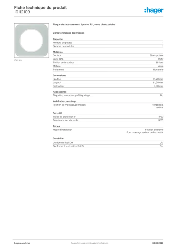 Image Hager Fiche technique du produit 10112109 | Hager Belgique