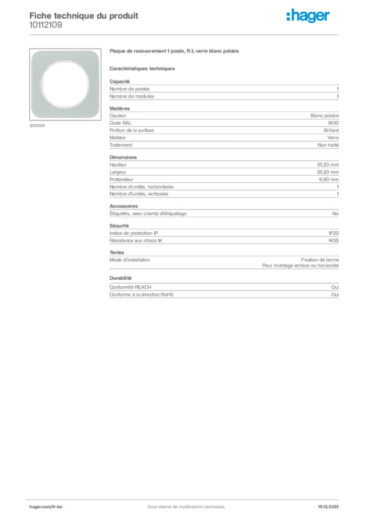 Image Hager Fiche technique du produit 10112109 | Hager Belgique
