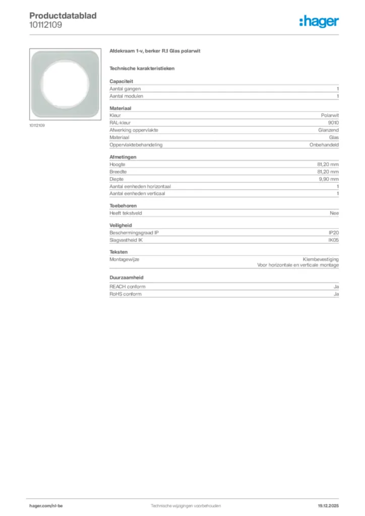 Afbeelding Hager Productdatablad 10112109 | Hager Belgium