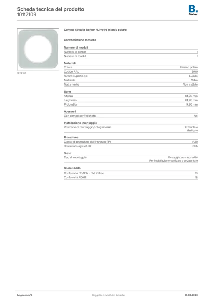 Immagine Berker Scheda tecnica del prodotto 10112109 | Hager Italia