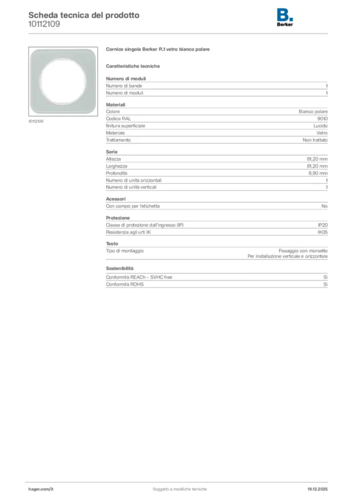 Immagine Berker Scheda tecnica del prodotto 10112109 | Hager Italia