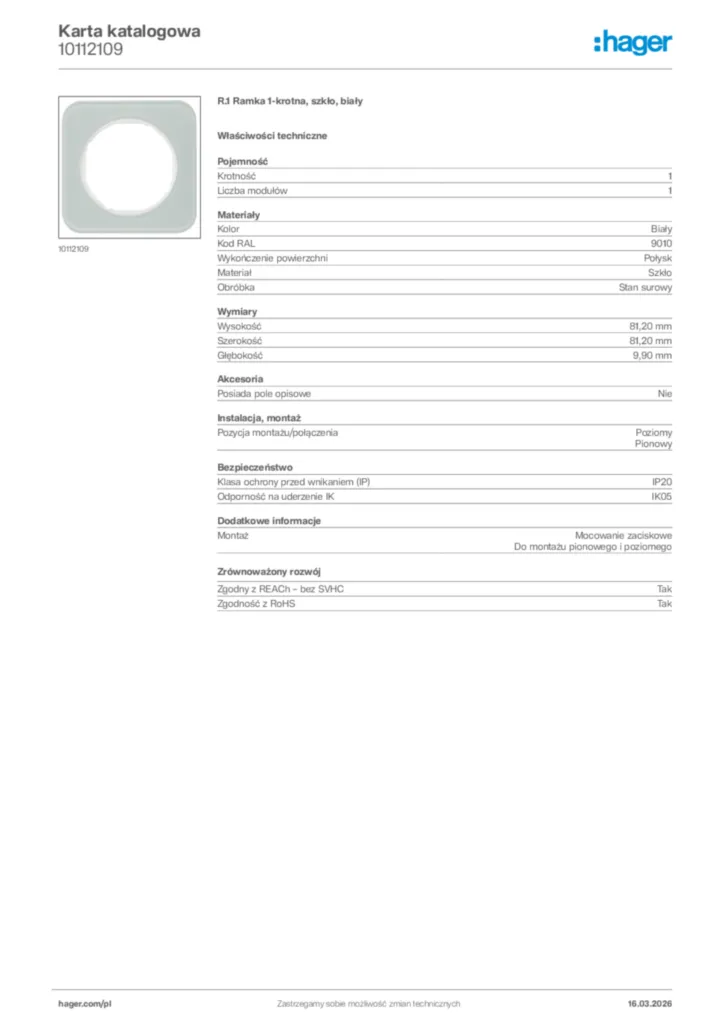 Zdjęcie Hager Karta katalogowa 10112109 | Hager Polska