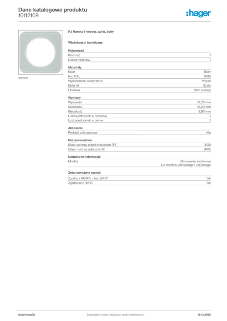 Zdjęcie Hager Karta katalogowa 10112109 | Hager Polska