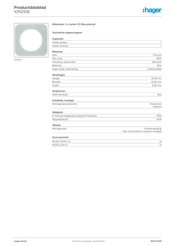 Afbeelding Hager Productdatablad 10112109 | Hager Nederland